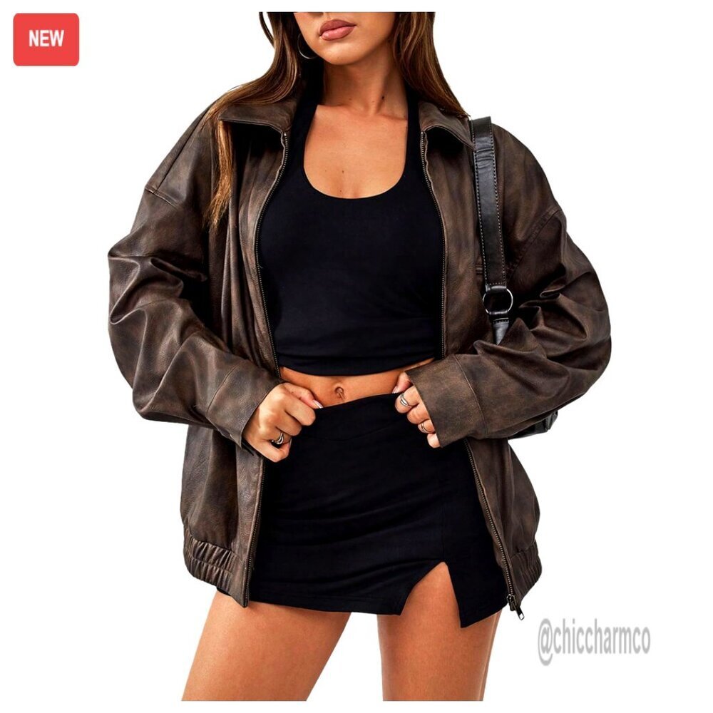 PU Leather Motorcycle Jacket with Vintage Zip Up Collar